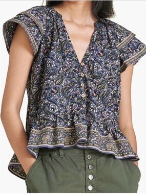 Veronica Beard Navy Paisley Ruffle Hem Button-Front Top